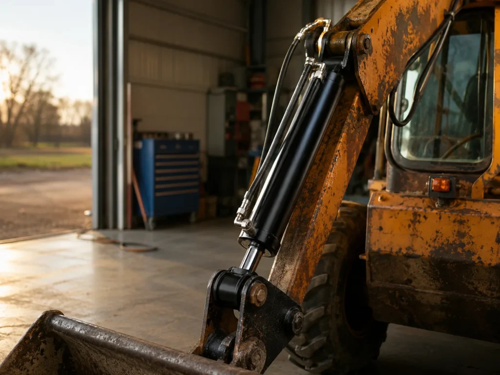 Replacement Hydraulic Cylinders: How to Choose the Right Fit for Old Equipment 1 A newly machined hydraulic cylinder fitted to an older agricultural loader in a maintenance bay, with black mounting clevises aligned to worn steel brackets and fresh hoses routed away from pinch points. Warm afternoon light enters through an open bay door, shot on a 50mm lens from a medium distance with the repaired machine occupying the right third and clean floor space on the left.