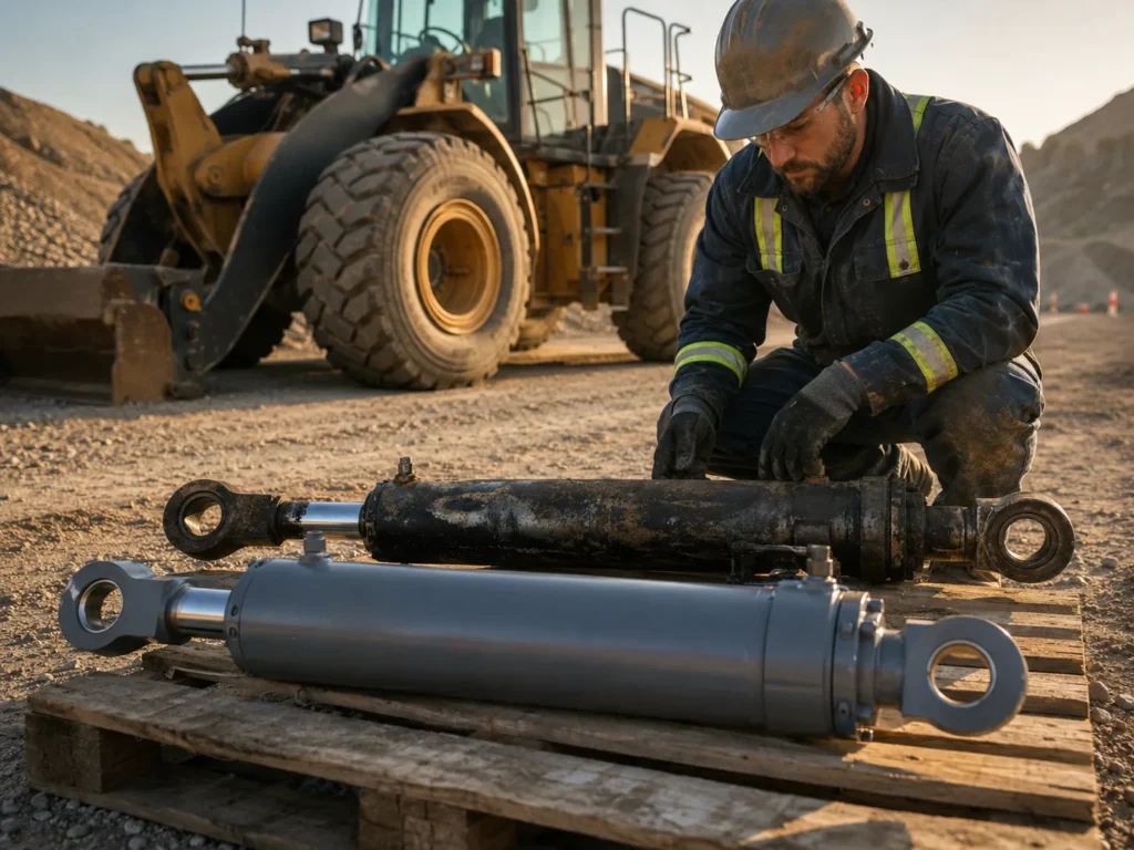 OEM vs Aftermarket Hydraulic Cylinders: Cost, Fit, Lead Time, and Risk 1 A wheel loader sits idle near a construction site access road while a technician compares a failed lift cylinder with a new replacement cylinder on a wooden pallet. Warm late-afternoon light falls across dust, hydraulic hoses, and steel pins. The camera is positioned at ground level with the loader arm in the background and the replacement cylinder centered in the foreground.