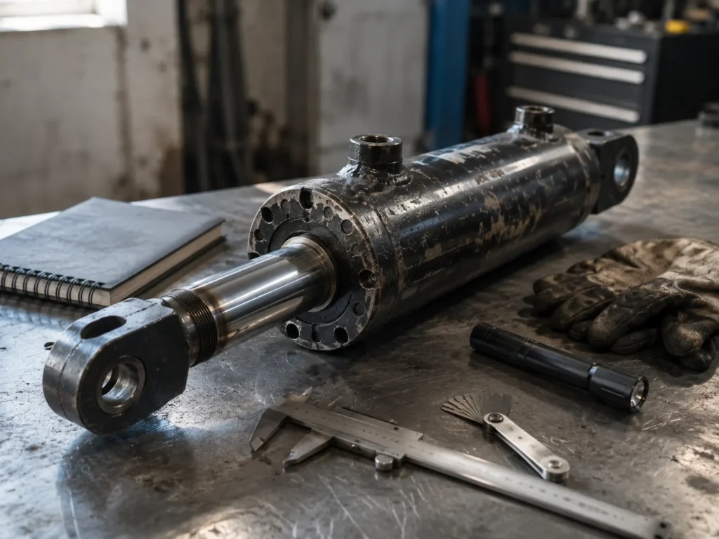 How to Identify a Hydraulic Cylinder When the Nameplate or Drawing Is Missing 9 A maintenance technician places a worn hydraulic cylinder on a clean steel workbench beside a digital caliper, thread gauge, flashlight, oil-stained gloves, and a notebook, with the rod extended halfway and the clevis mount visible. Cool workshop daylight enters from the left, revealing scratches, chrome wear, port threads, and paint loss, shot from a low three-quarter angle with the cylinder centered and tools arranged as supporting context.