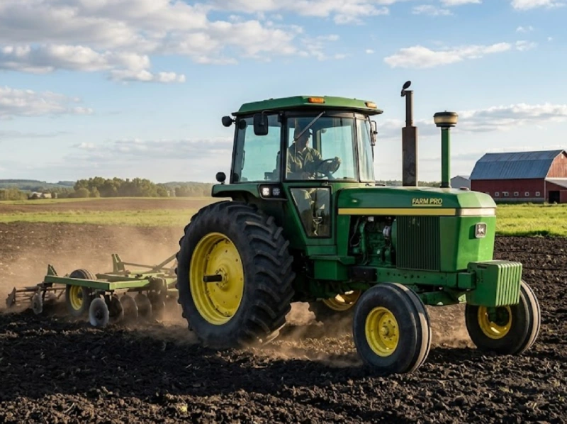 Green tractor plowing a farm field, representing the use of agricultural hydraulic cylinders in farming equipment.