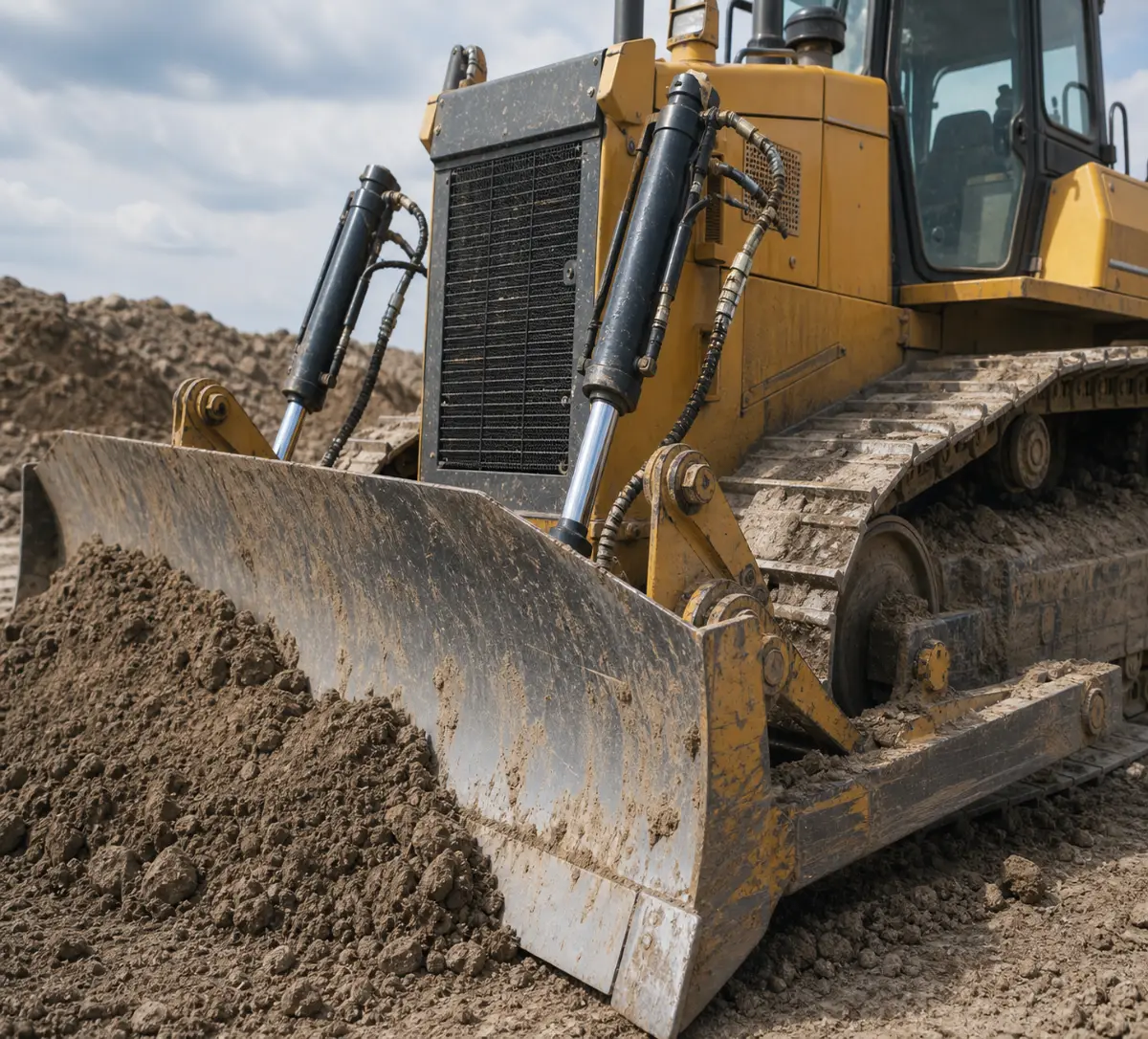 Bulldozer blade hydraulic cylinders working in earthmoving construction