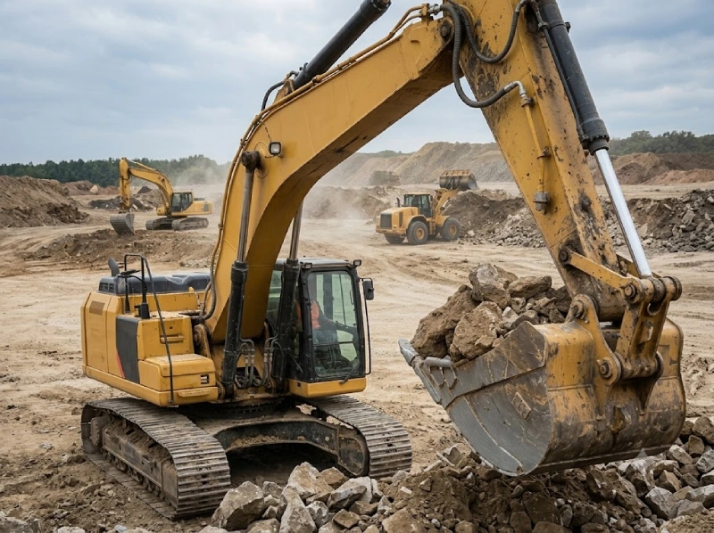Yellow excavator moving dirt at a construction site, demonstrating the application of construction hydraulic cylinders.