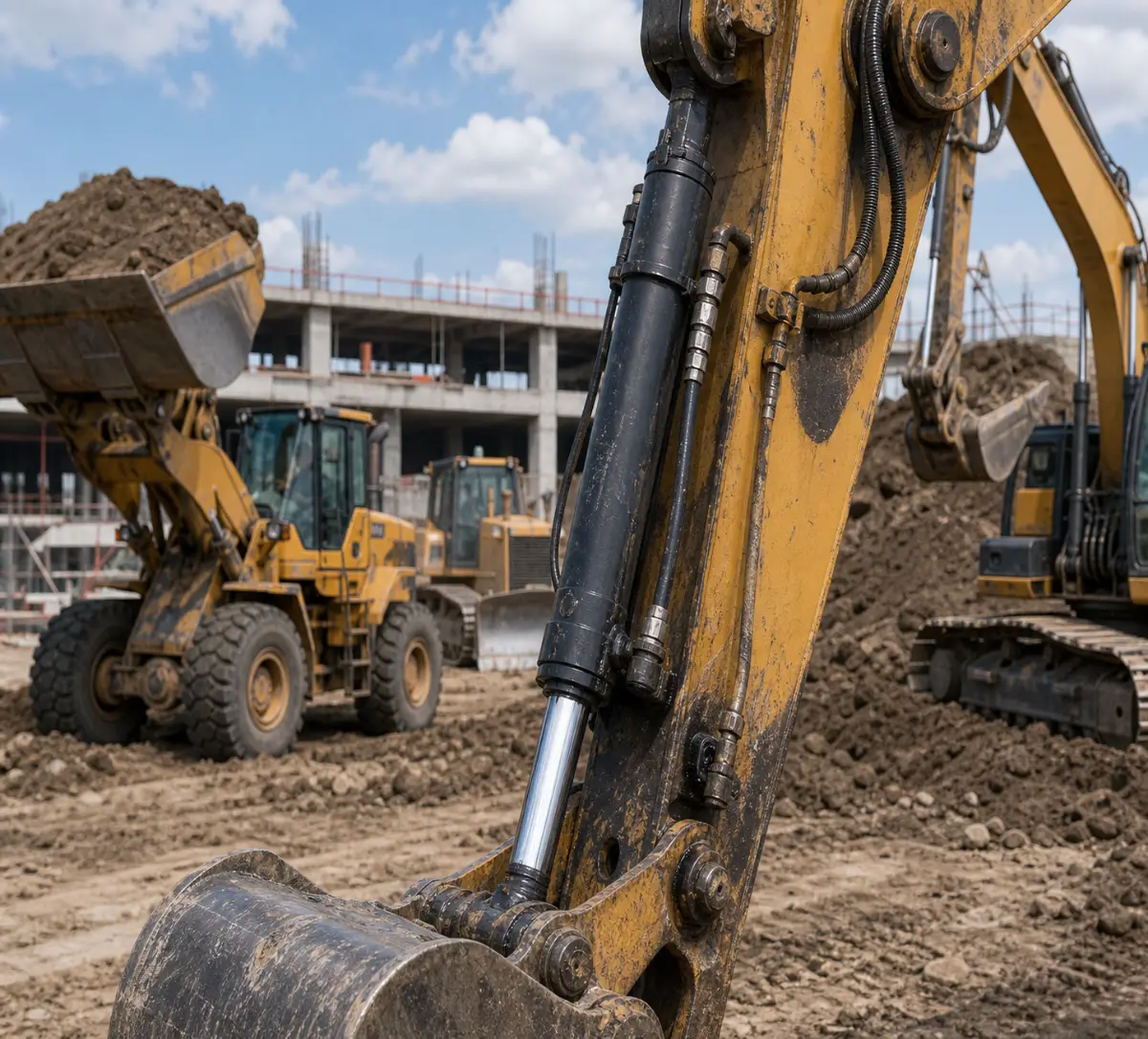 Construction machinery hydraulic cylinders used on excavators and loaders at a jobsite
