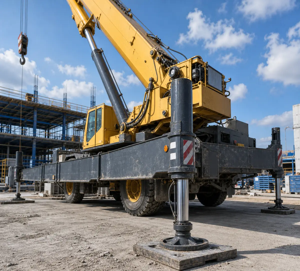 Crane hydraulic cylinders and outriggers used on a construction site