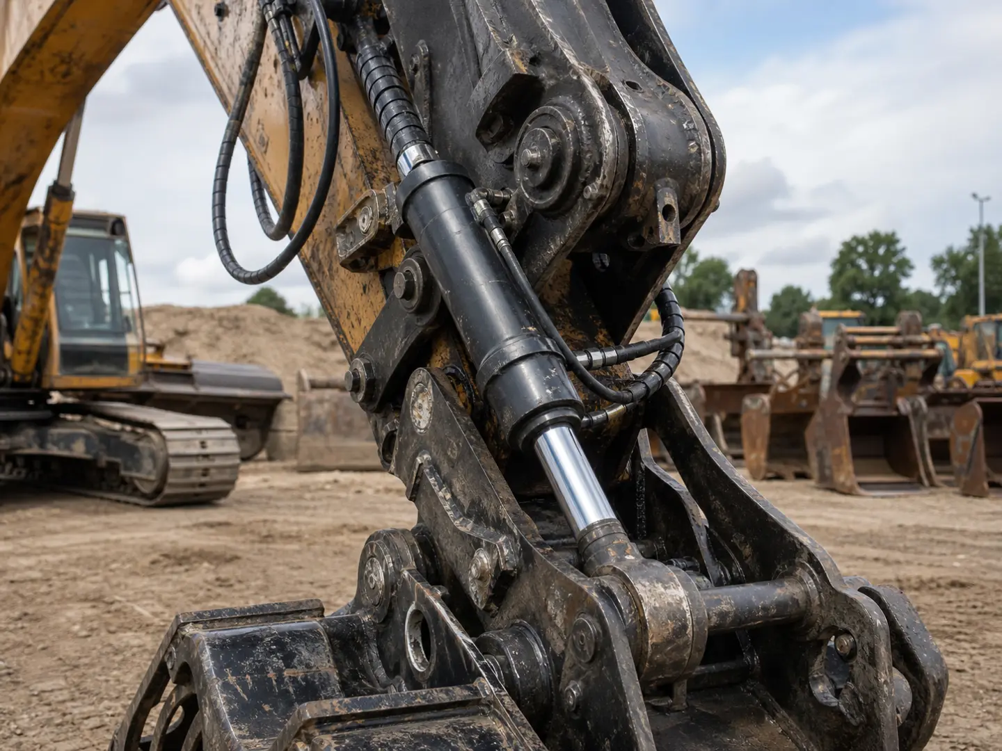 Excavator attachment hydraulic cylinder on quick coupler and linkage system