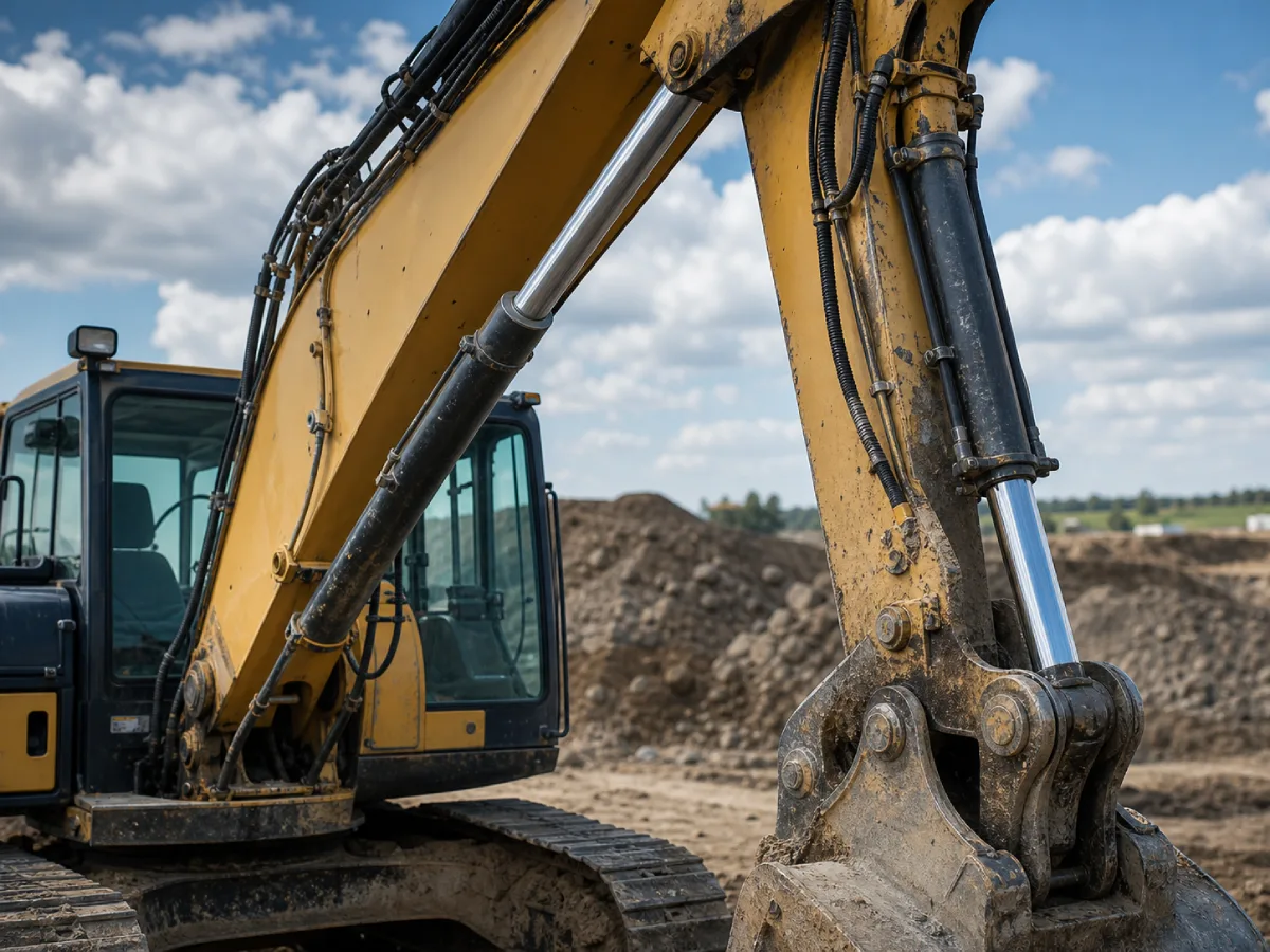Excavator boom hydraulic cylinders working on a construction site