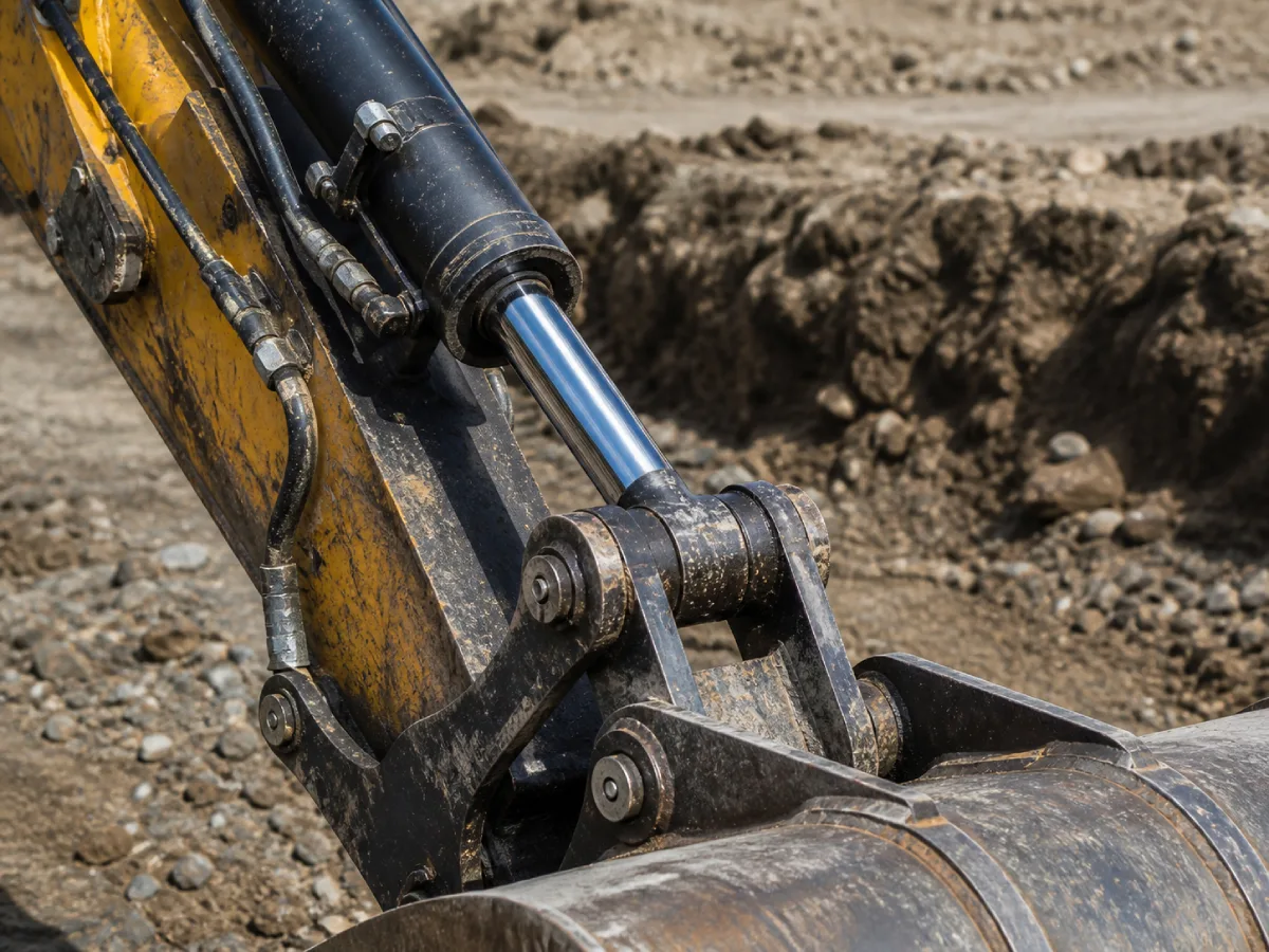 Excavator bucket hydraulic cylinder and linkage system in earthmoving work