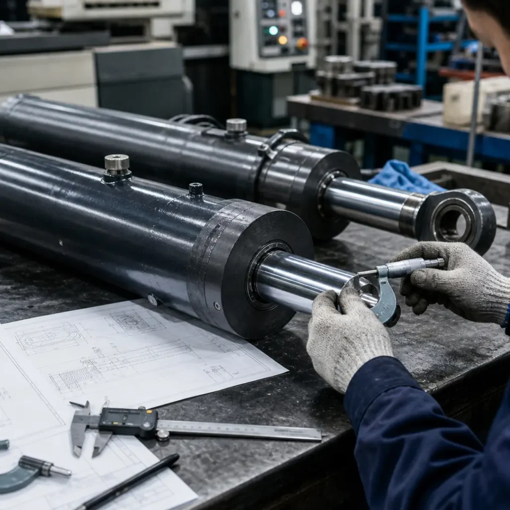 Technician measuring excavator hydraulic cylinder rod during factory quality inspection