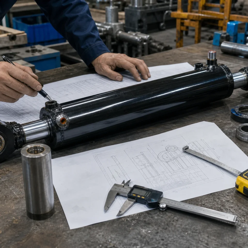Technician checking excavator hydraulic cylinder dimensions with drawings and measuring tools