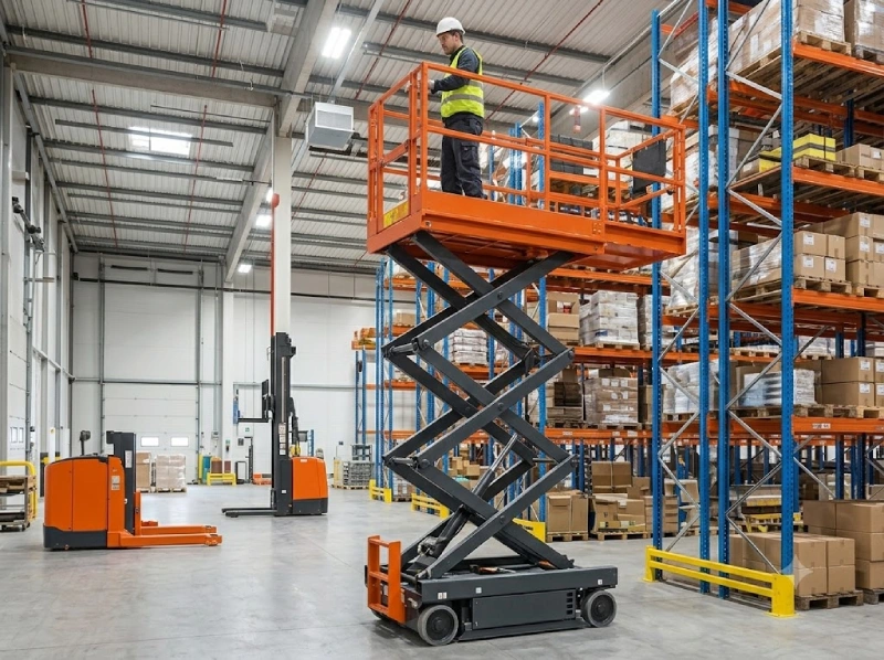 Worker operating a scissor lift in a warehouse, showing the application of lifting hydraulic cylinders.