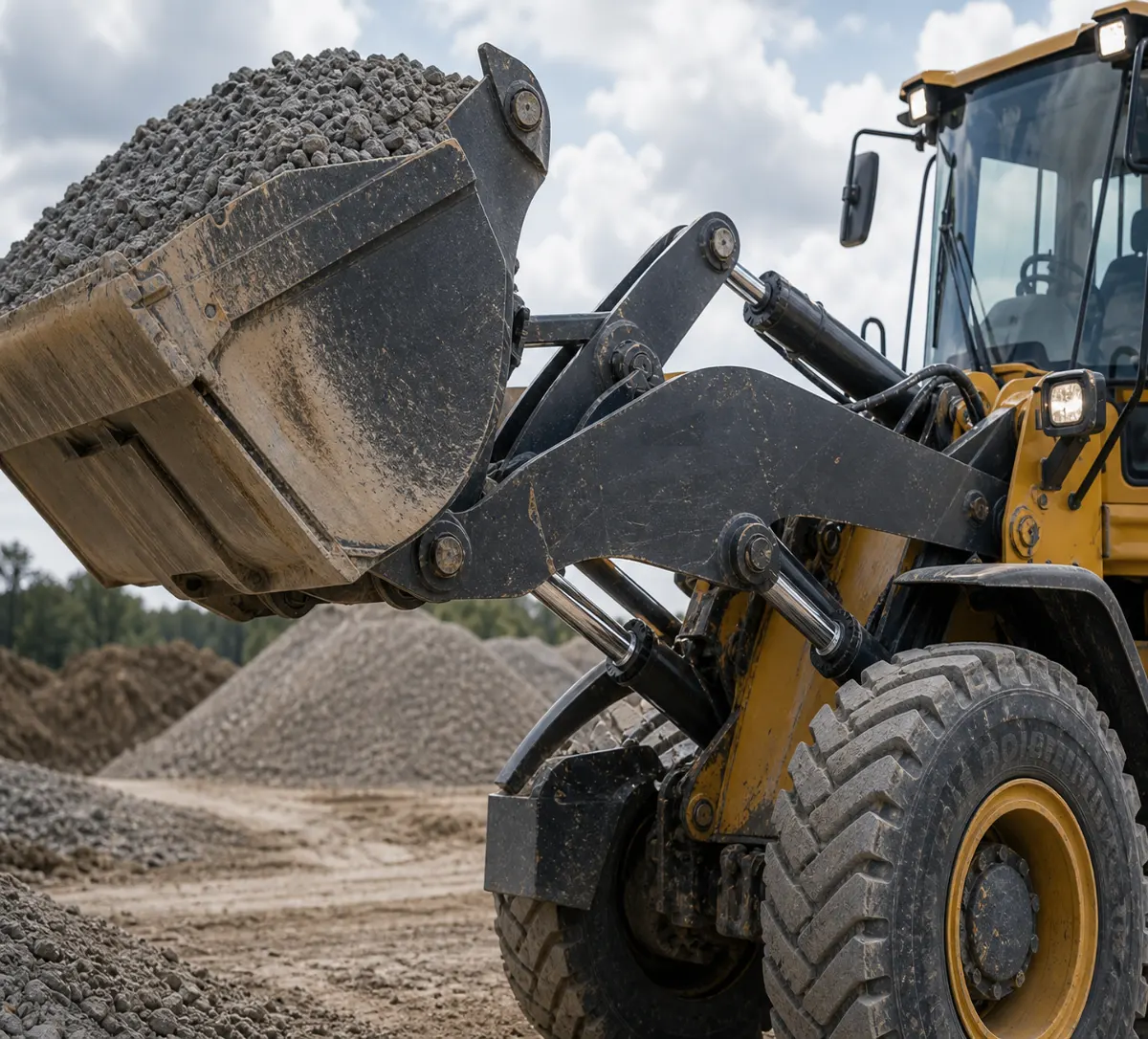 Loader hydraulic cylinders for bucket lifting and tilting in a construction site