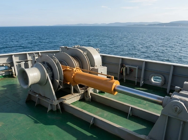 Heavy-duty marine winch system on a ship deck, showcasing the use of marine hydraulic cylinders.