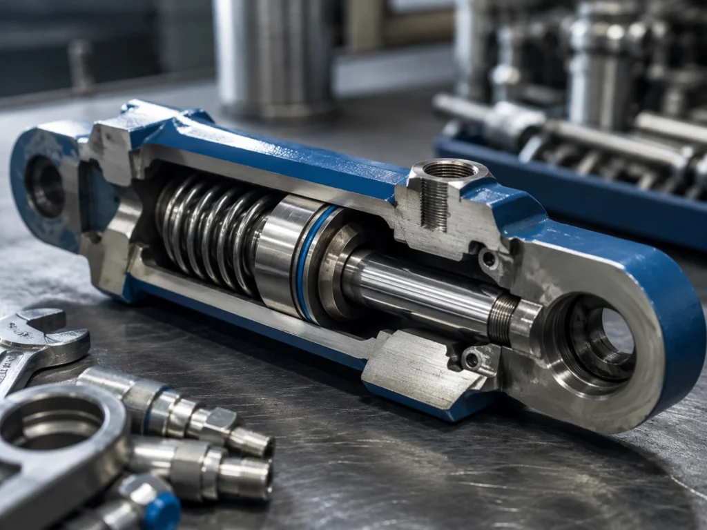 Single Acting Hydraulic Cylinder Working Principle, Uses, and Selection Risks 1 Single acting hydraulic cylinder cutaway showing piston, rod, oil port, and internal return structure