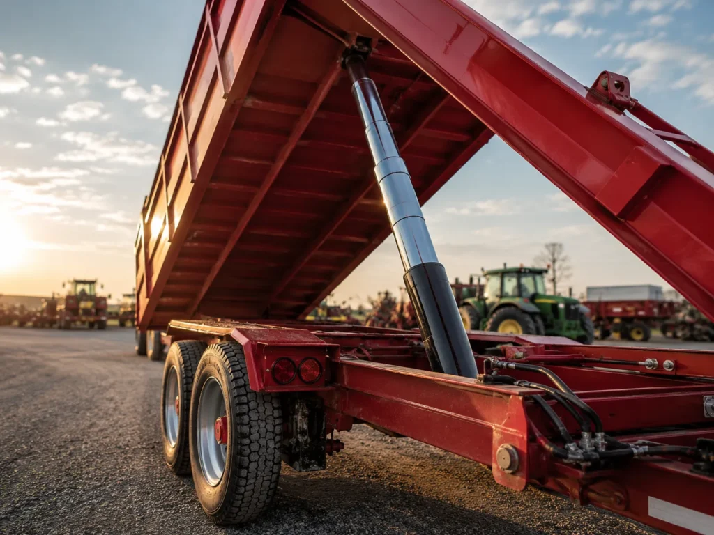 Single Acting Hydraulic Cylinder Working Principle, Uses, and Selection Risks 3 Single acting hydraulic cylinder installed on a dump trailer for lifting and gravity return operation