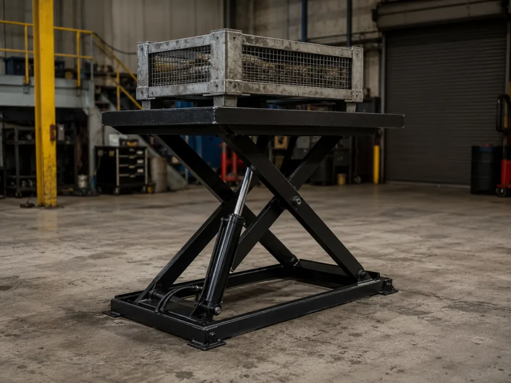 Single Acting Hydraulic Cylinder Working Principle, Uses, and Selection Risks 2 Single acting hydraulic cylinder used on a hydraulic lift table for vertical lifting and gravity return
