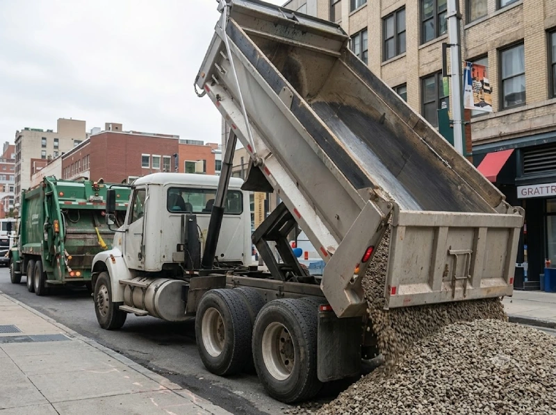 Dump truck unloading gravel on a city street, illustrating truck and waste handling hydraulic cylinders.