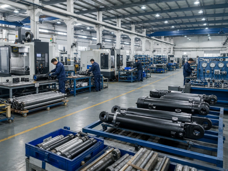ZHY Hydraulic cylinder manufacturing workshop with machining assembly and pressure testing equipment