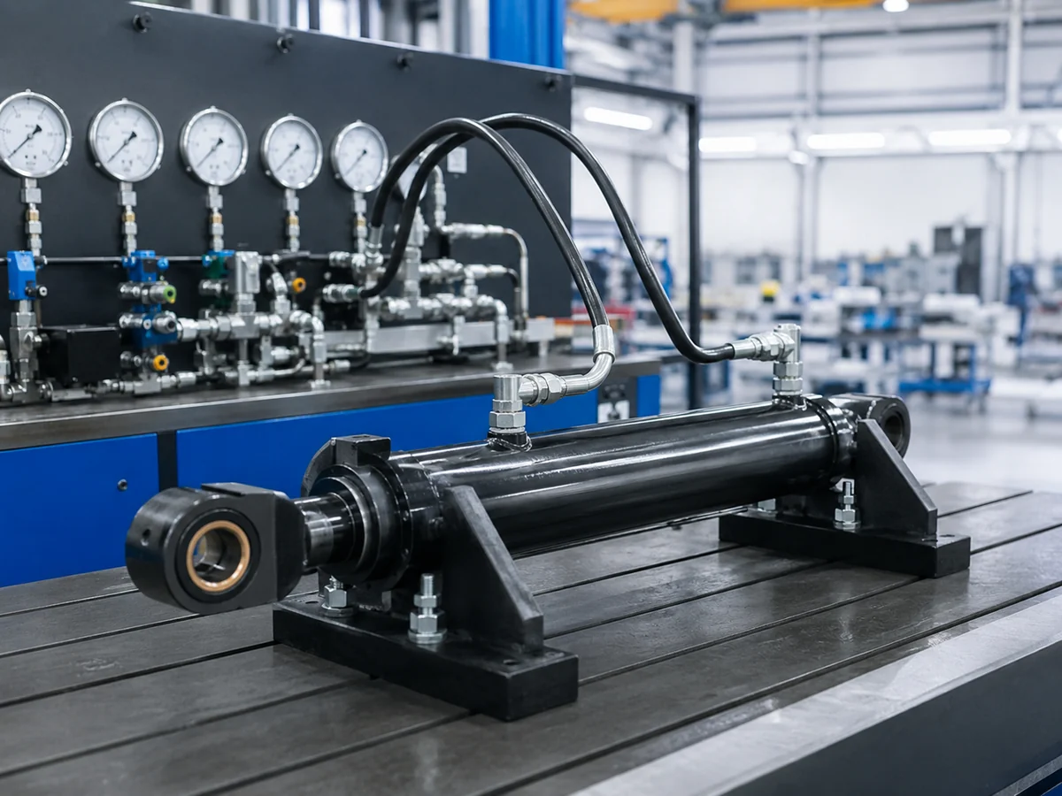 10 Reasons Hydraulic Cylinders Fail After Installation 5 Custom hydraulic cylinder undergoing pressure and leakage testing in a Chinese factory