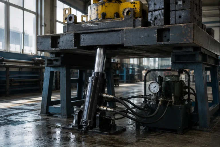 A hydraulic cylinder mounted under a steel lifting fixture in a maintenance workshop, with the polished chrome rod partly extended and a heavy machine base resting above it. Soft morning light enters from tall side windows, catching oil-sheen reflections on the cylinder barrel and scuffed concrete floor. The camera views the setup from a low three-quarter angle with the load and cylinder axis clearly visible, leaving clean negative space around the fixture.