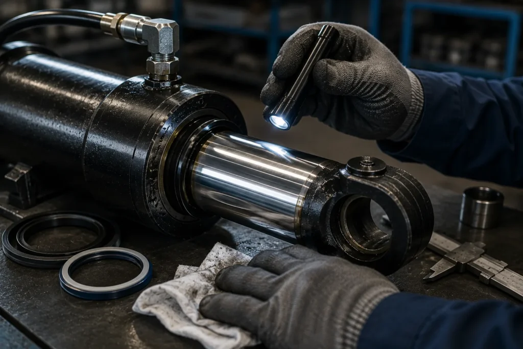 Custom vs Standard Hydraulic Cylinders: How to Decide Before Ordering 4 A close-up of a custom hydraulic cylinder rod, gland, wiper seal, and port block during bench inspection, with a pressure test hose connected and a technician’s gloved hands nearby. Soft directional light from the left highlights the hard chrome surface, black seals, machined steel texture, and a faint film of hydraulic oil. The camera is positioned at bench height with shallow background blur and a clean industrial mood.