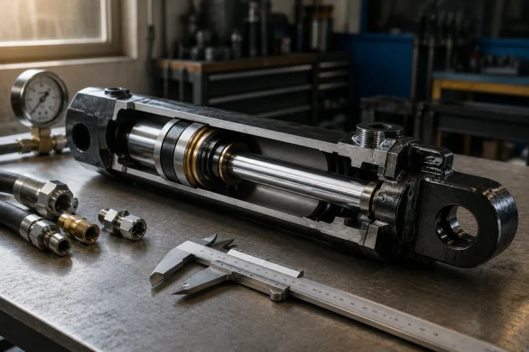 A cutaway double-acting hydraulic cylinder rests on a clean engineering workbench beside a pressure gauge, hose fittings, and a vernier caliper. Soft morning window light comes from the left, revealing the honed barrel, chrome rod, piston seal stack, and oil ports. The camera looks from a low three-quarter angle with the rod end in the foreground and the barrel extending into gentle background blur, creating a precise industrial mood in steel, black, and warm gray tones.