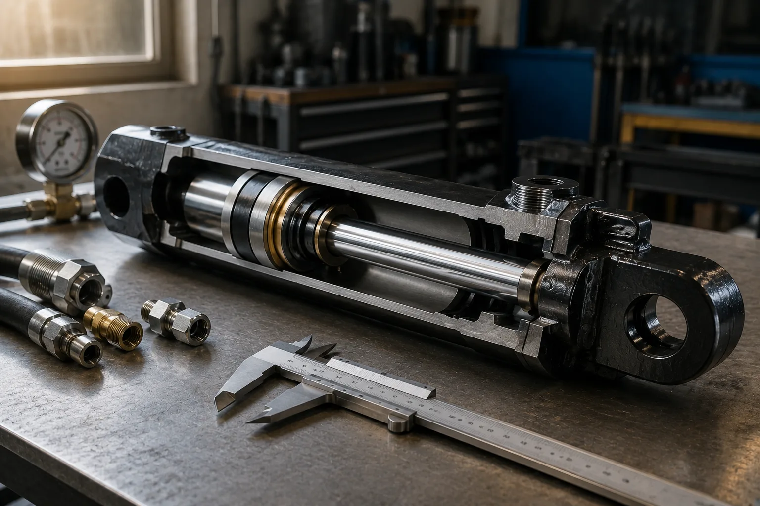 How Does a Hydraulic Cylinder Work? Pressure, Flow, Force, and Stroke Explained 1 Cutaway Cylinder Components