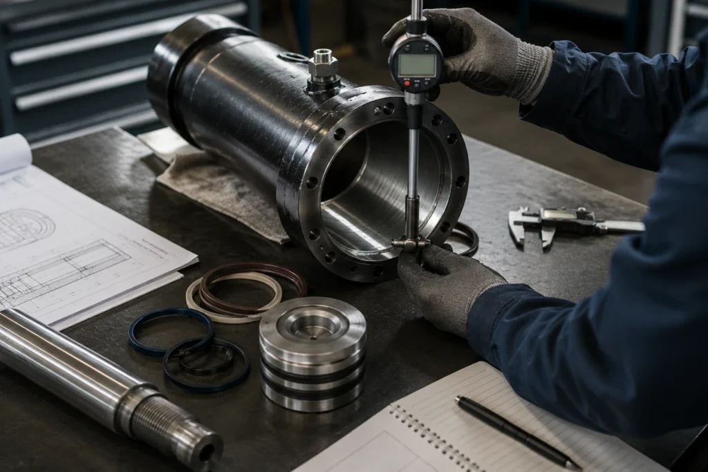 How to Calculate Hydraulic Cylinder Force Without Choosing the Wrong Bore Size 1 A close-up scene of an engineer measuring the inside bore of a disassembled hydraulic cylinder barrel with a digital bore gauge on a clean inspection bench. Soft side window light reveals honed crosshatch marks, a thin oil film, and machined steel edges. The composition is centered on the gauge tips touching the cylinder wall, shot from above at a slight angle with calipers, seals, and a notebook arranged nearby.