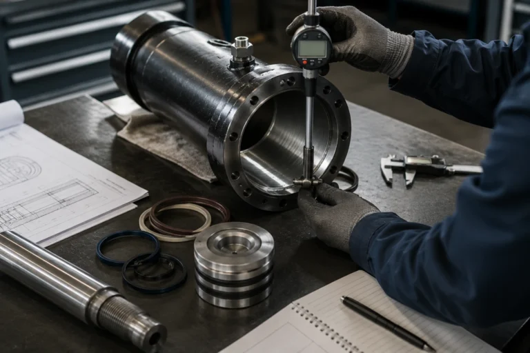 A close-up scene of an engineer measuring the inside bore of a disassembled hydraulic cylinder barrel with a digital bore gauge on a clean inspection bench. Soft side window light reveals honed crosshatch marks, a thin oil film, and machined steel edges. The composition is centered on the gauge tips touching the cylinder wall, shot from above at a slight angle with calipers, seals, and a notebook arranged nearby.