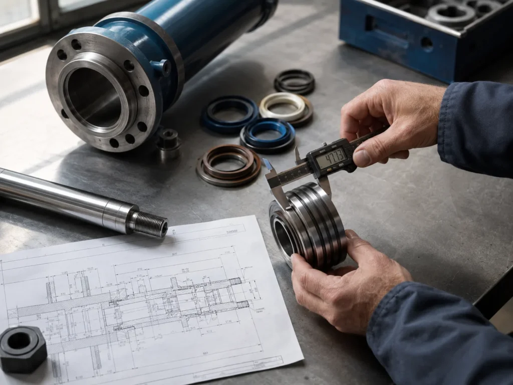 A close-up of an engineer’s hands measuring the bore-related dimensions of a disassembled hydraulic cylinder on a workbench, with a digital caliper, seal kit, piston, rod, and technical drawing spread nearby. Diffused daylight from a side window skims across the honed steel surface, shot from above at a slight angle with the piston edge and sealing grooves as the focal point.