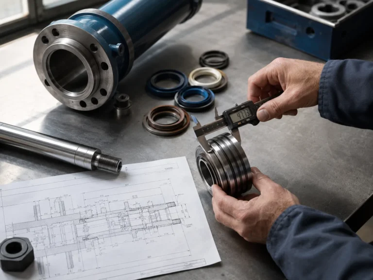 A close-up of an engineer’s hands measuring the bore-related dimensions of a disassembled hydraulic cylinder on a workbench, with a digital caliper, seal kit, piston, rod, and technical drawing spread nearby. Diffused daylight from a side window skims across the honed steel surface, shot from above at a slight angle with the piston edge and sealing grooves as the focal point.