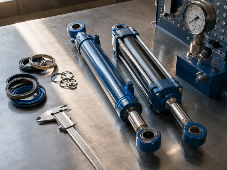 A hydraulic cylinder inspection bench with calipers, seal kits, a pressure gauge, and two sample cylinders laid on a clean steel worktable, one welded body and one tie rod body side by side. Bright morning side light reveals machined threads, chrome rod finish, painted barrel texture, and small oil sheen, captured from an overhead three-quarter angle with organized negative space.