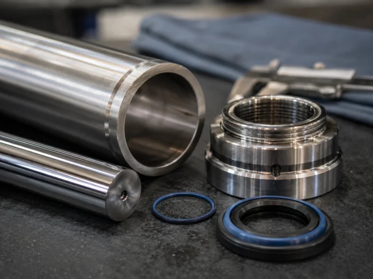 A close-up of a polished hydraulic cylinder rod, honed tube section, seal gland, and wiper ring laid out on a dark industrial inspection table. Diffused workshop light reveals chrome reflections, fine machining marks, and elastomer seal edges, photographed from a shallow side angle with calipers and a clean lint-free cloth softly blurred behind the parts.
