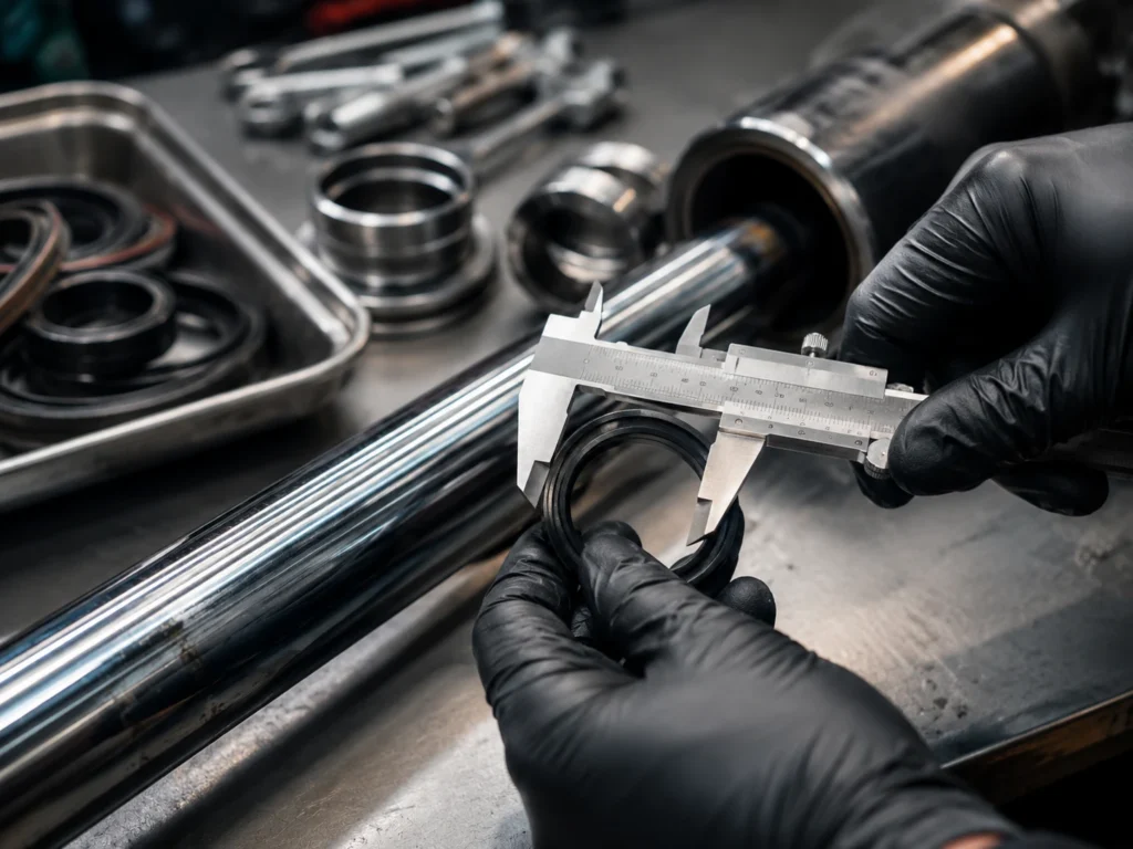 How to Measure a Hydraulic Cylinder for a Seal Kit 1 A dismantled hydraulic cylinder rod assembly on a clean maintenance bench, with calipers measuring a dark nitrile rod seal beside labeled metal gland parts and a small tray of used seals. Soft overhead workshop light falls across the chrome rod, showing fine scratches and oil residue, shot from a close three-quarter angle with the measurement point centered and the background tools gently blurred.