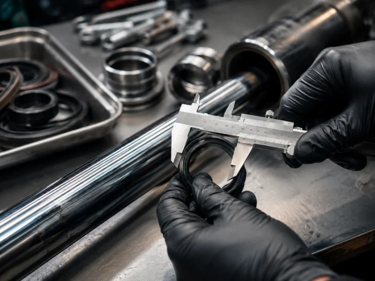 A dismantled hydraulic cylinder rod assembly on a clean maintenance bench, with calipers measuring a dark nitrile rod seal beside labeled metal gland parts and a small tray of used seals. Soft overhead workshop light falls across the chrome rod, showing fine scratches and oil residue, shot from a close three-quarter angle with the measurement point centered and the background tools gently blurred.