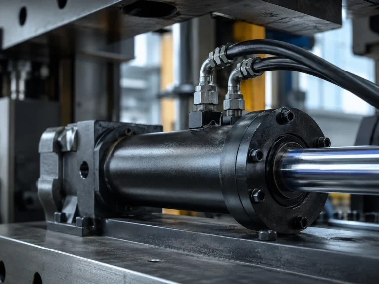 A double acting hydraulic cylinder installed on a manufacturing press fixture, with two hydraulic ports and paired hoses clearly visible against a machined steel frame. Diffused daylight from high workshop windows mixes with cool task lighting, captured from a close side angle so the port fittings, rod seal area, and satin black barrel finish are the visual focus.