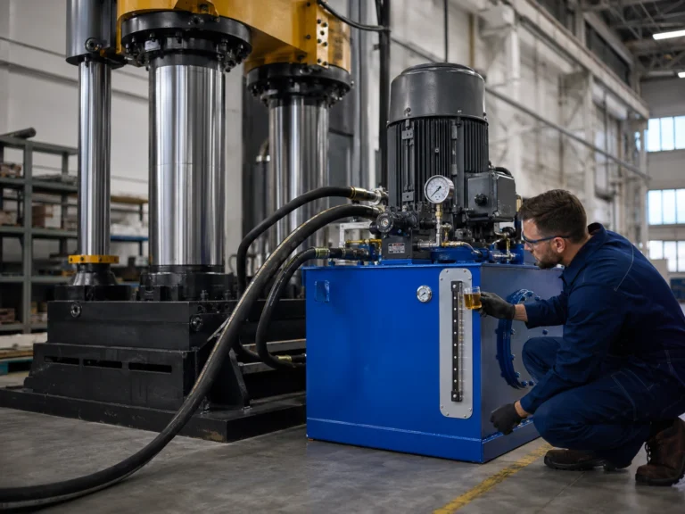 An industrial hydraulic power unit beside a working press in a tidy factory bay, with hoses connected to a large double-acting cylinder and a technician checking an oil sample against the sight glass, diffused overhead daylight mixed with cool shop lighting, photographed from a wide three-quarter angle with the cylinder and reservoir framed on the rule of thirds.