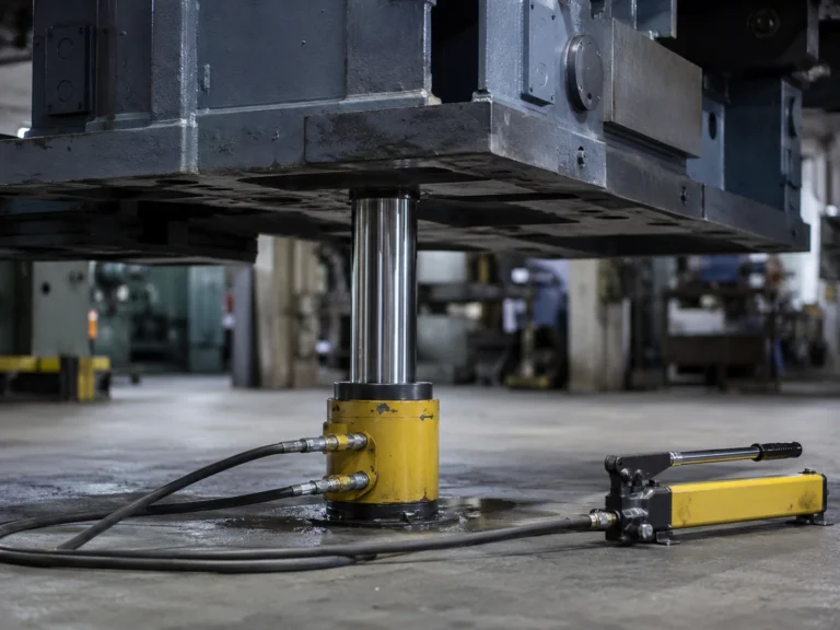 A single-acting hydraulic ram lifting a heavy steel machine base on a maintenance workshop floor, with the chrome plunger extended vertically and hydraulic hoses leading to a hand pump nearby. Cool overhead industrial lighting reflects across the polished metal surface, and the camera views the scene from a low three-quarter angle with the load and ram centered against a muted grey background.
