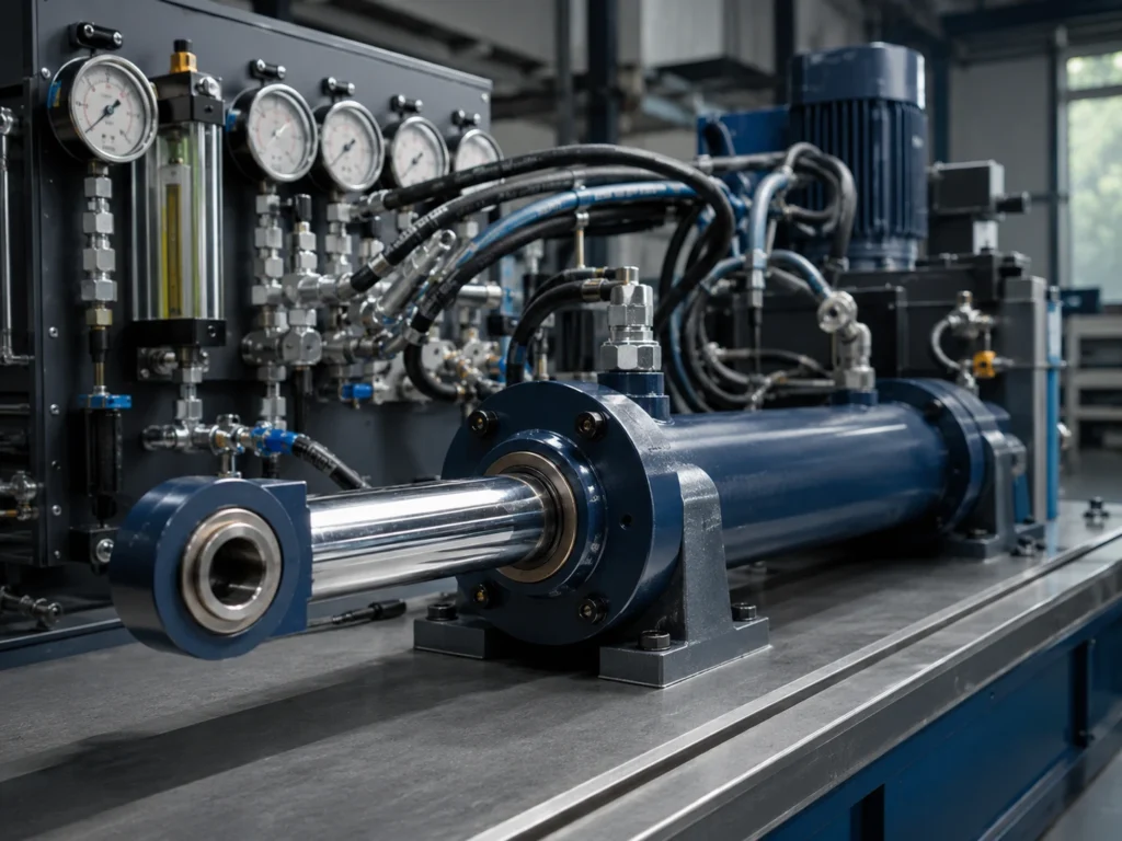 How to Calculate and Control Hydraulic Cylinder Speed 2 A hydraulic cylinder mounted on a clean industrial test bench with pressure gauges, flow meters, and braided hoses connected to a compact power unit. Soft overhead workshop lighting reflects on the chrome rod and painted cylinder barrel, while the camera views the setup from a low three-quarter angle with the cylinder ports and hose routing clearly visible. The scene feels precise, technical, and controlled, with neutral grey and blue tones.