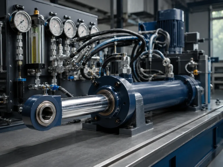 A hydraulic cylinder mounted on a clean industrial test bench with pressure gauges, flow meters, and braided hoses connected to a compact power unit. Soft overhead workshop lighting reflects on the chrome rod and painted cylinder barrel, while the camera views the setup from a low three-quarter angle with the cylinder ports and hose routing clearly visible. The scene feels precise, technical, and controlled, with neutral grey and blue tones.