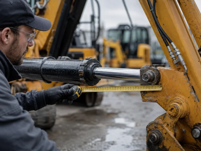 A maintenance technician measures the extended stroke of a hydraulic cylinder installed on a compact excavator boom in an outdoor service yard. Diffused overcast daylight softens the yellow machine paint and wet steel surfaces, while the camera frames the rod, clevis mount, hose port, and tape measure from a close side angle with the background machinery gently blurred.