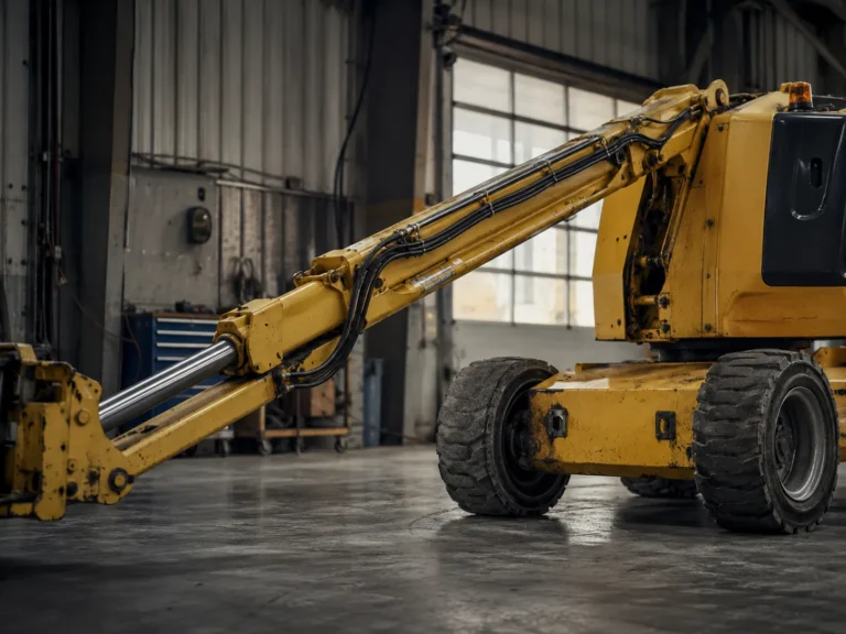 A yellow mobile lifting machine parked inside a maintenance bay with a double acting hydraulic cylinder extended under load, hoses routed neatly along the boom. Diffused daylight enters from a high workshop door, revealing dust, grease, and brushed steel textures, photographed from a wide side angle with the cylinder placed on the rule-of-thirds line.