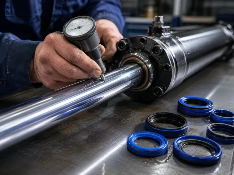 A close-up of a hydraulic cylinder rod end being inspected with a handheld surface gauge near a set of blue and black seals on a steel worktable. Soft overhead workshop light creates controlled reflections along the chrome piston rod, shot from a tight side angle with shallow depth of field so the rod finish, seal lips, and faint oil film are clearly visible.