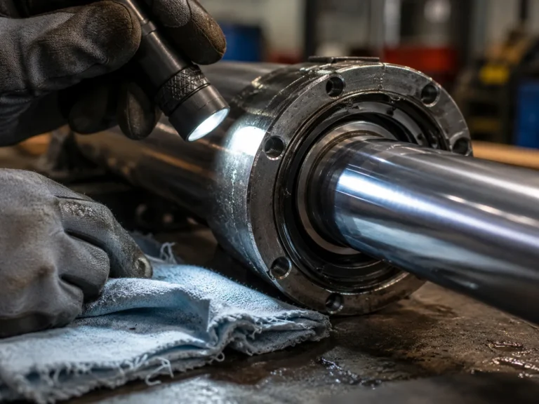 A close-up view of a hydraulic cylinder rod seal area during inspection, with gloved hands holding a flashlight near the gland and a clean lint-free cloth on the bench. Side lighting catches fine oil film, chrome reflections, and the edge of the wiper seal, photographed from a tight macro-like angle with the background softly blurred. The scene feels practical, technical, and maintenance-focused.