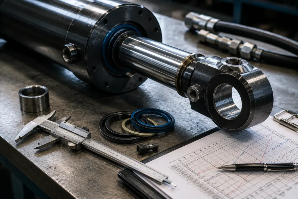 A close-up view of a hydraulic cylinder rod, seal gland, and machined end cap on an inspection table, with calipers, seal rings, and a pressure test report lying nearby. Soft side window light skims across the polished chrome rod and black sealing elements, revealing fine machining marks and clean oil film. Shot on a 50mm lens from table height with shallow background separation, creating a precise, technical mood in neutral colors.
