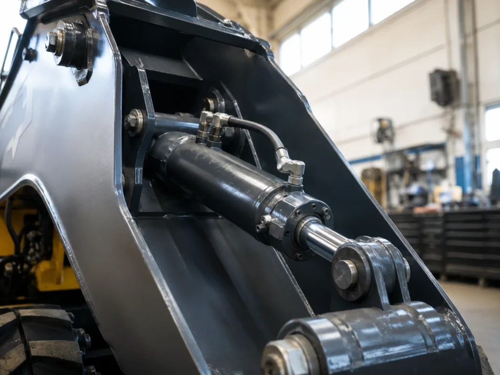 A compact welded hydraulic cylinder mounted inside the boom of a construction loader in a clean workshop, with dark painted steel, visible mounting pins, hose ports, and a lightly oiled rod surface. Soft morning light enters from high industrial windows, catching the chrome rod and weld beads. The camera views the assembly from a low three-quarter angle on a 50mm lens, with the boom structure framing the cylinder and the background tools softly blurred.