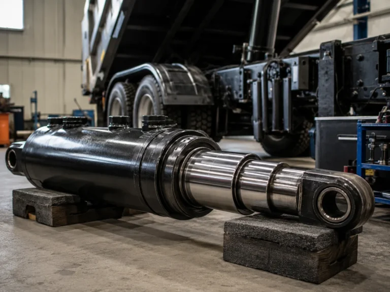 A heavy-duty telescopic hydraulic cylinder partly extended beside a dump truck chassis in a clean workshop, with chrome stages reflecting soft overhead light and the compact barrel resting on padded supports. The camera views the cylinder from a low three-quarter angle on a 50mm lens feel, keeping the stage shoulders and seal areas prominent while tools and the truck frame fade gently behind it.