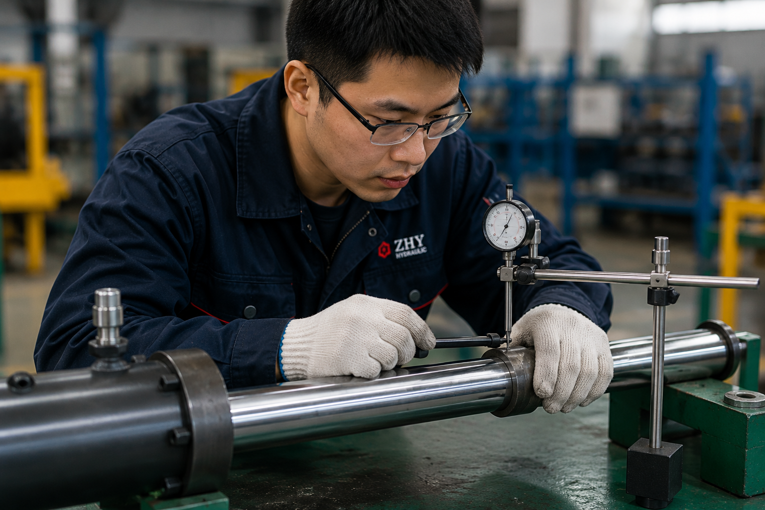 10 Reasons Hydraulic Cylinders Fail After Installation 2 ZHY technician measuring a slightly bent hydraulic cylinder piston rod