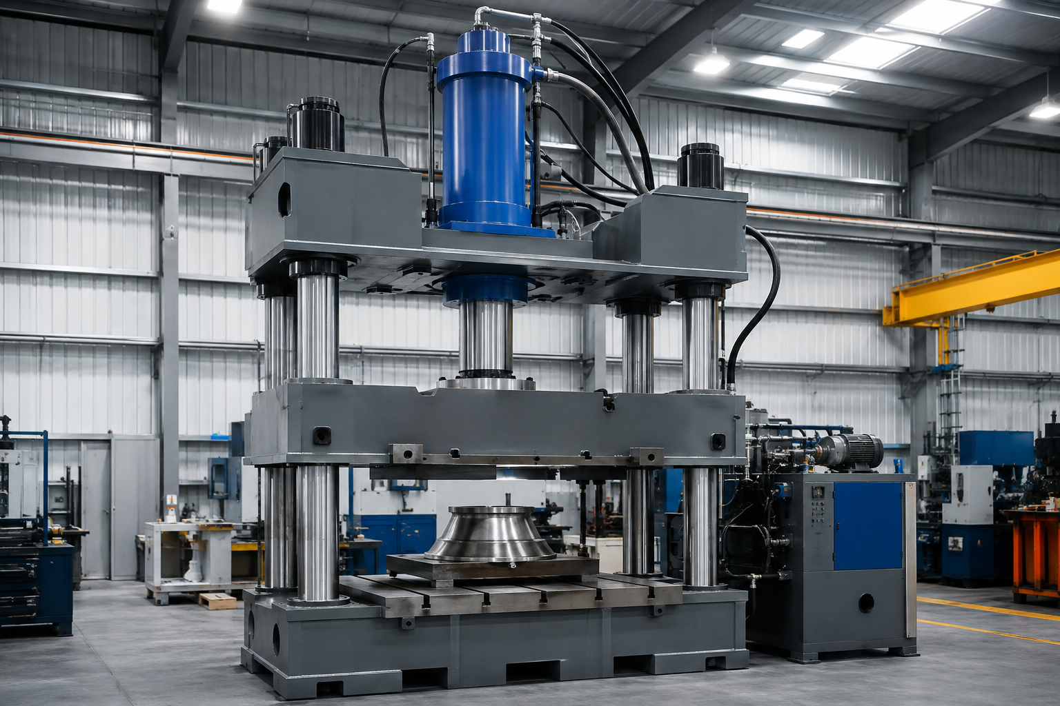 Industrial Hydraulic Cylinders 14 Industrial hydraulic cylinder installed on a heavy-duty hydraulic press