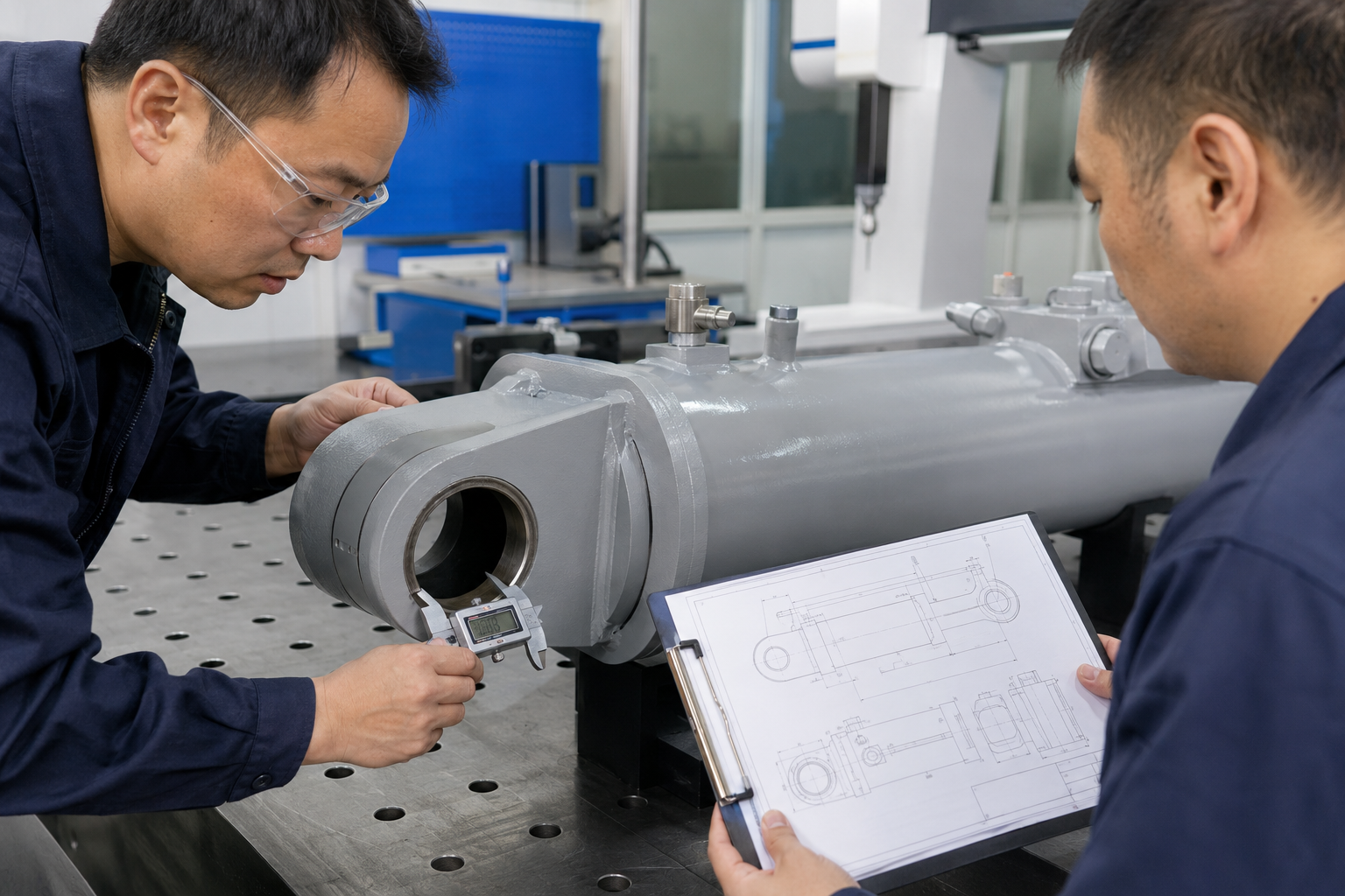 How to Audit a Hydraulic Cylinder Supplier? 1 Hydraulic cylinder supplier audit checking dimensions against the approved engineering drawing