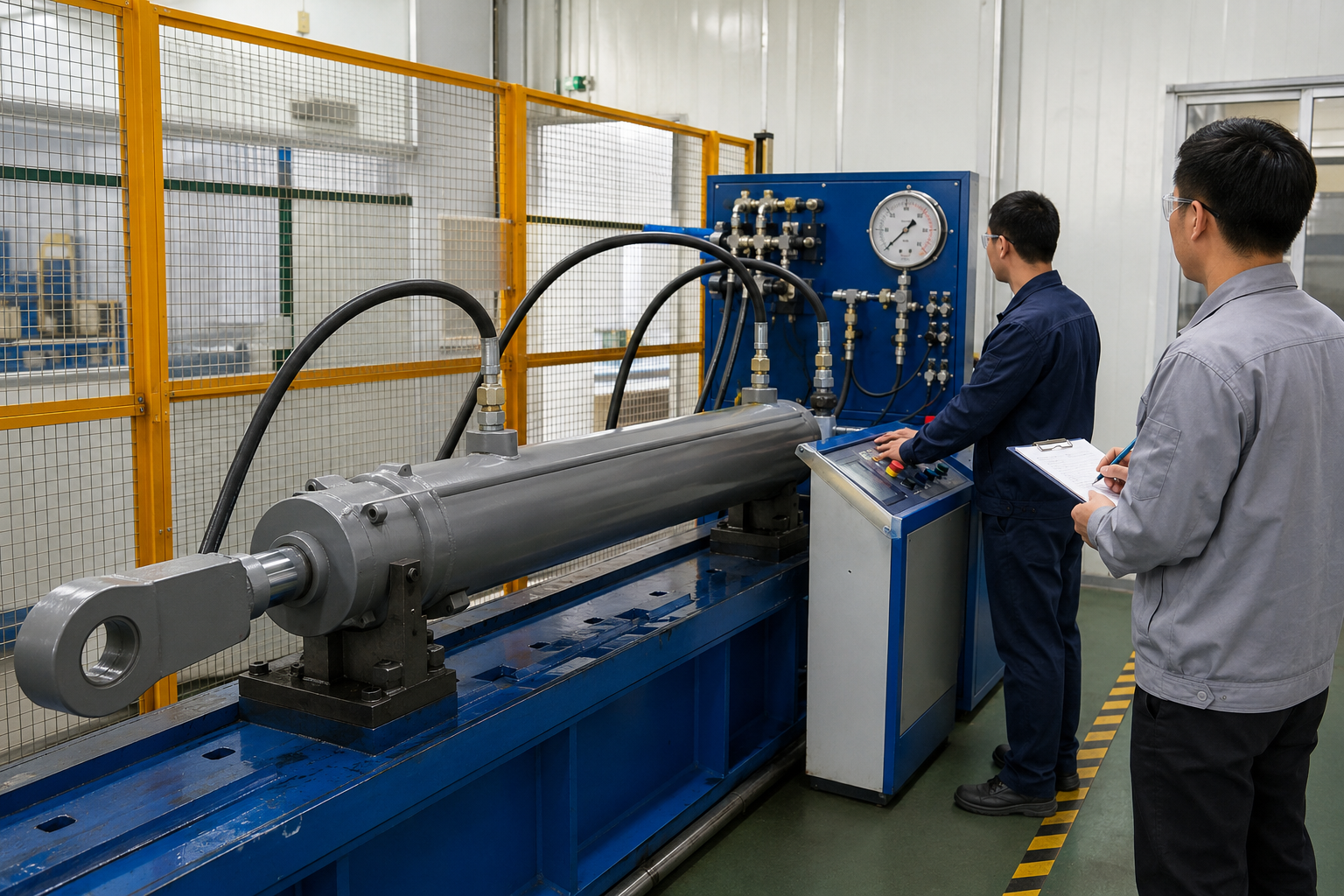 How to Audit a Hydraulic Cylinder Supplier? 2 OEM auditor witnessing a hydraulic cylinder pressure and leakage test